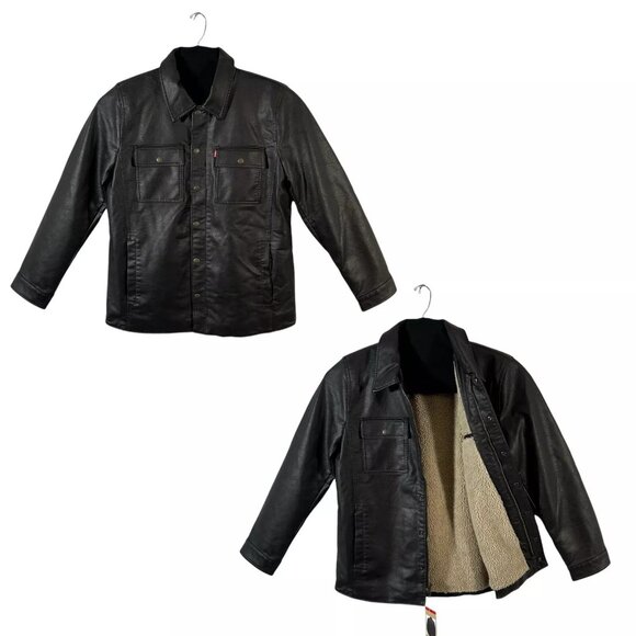 Levi’s Men's Faux Leather Trucker Jacket Size XXL Dark Brown Warm Sherpa Lining - Picture 1 of 10